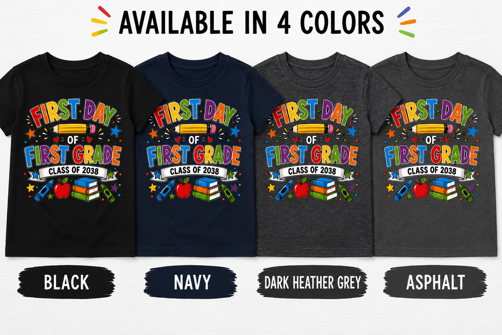 First Day of First Grade Class of 2038 colorful back-to-school Bella Canvas kids tee