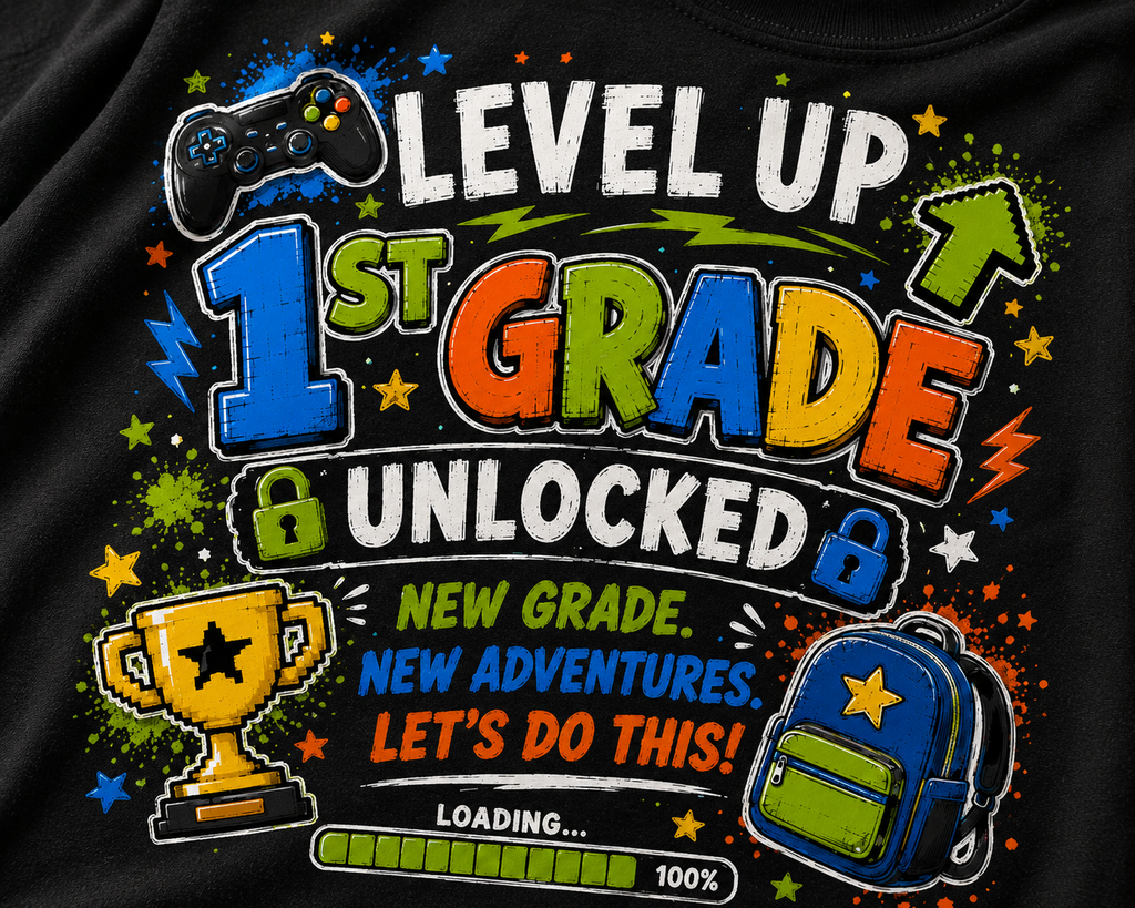 First Day of First Grade Level Up Class of 2038 gamer Bella Canvas kids tee