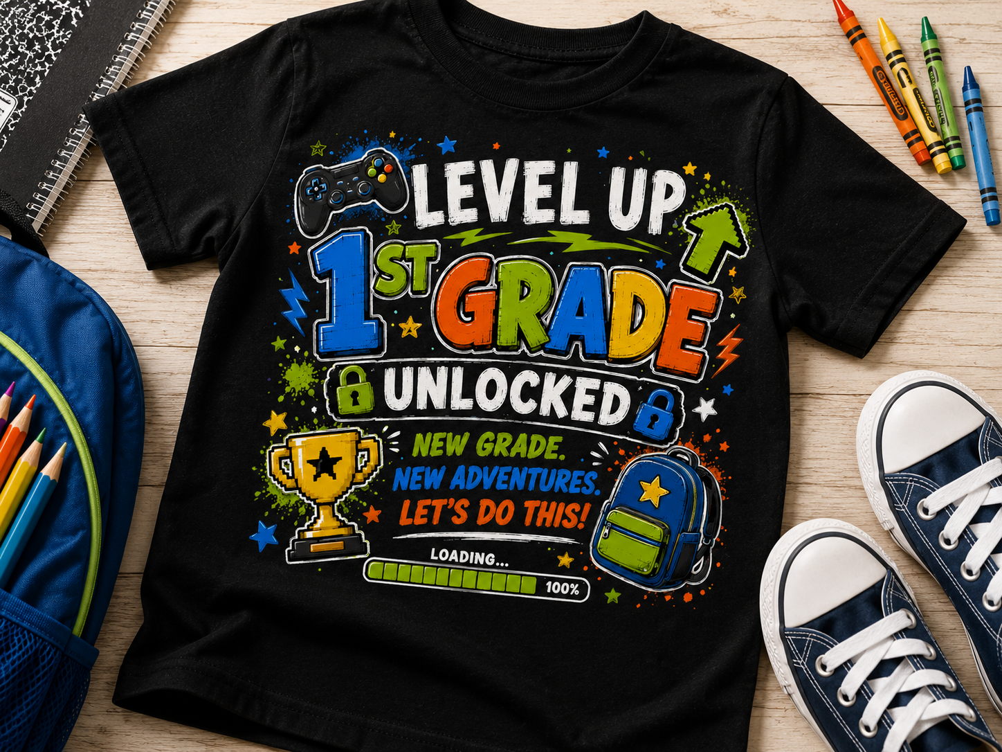 First Day of First Grade Level Up Class of 2038 gamer Bella Canvas kids tee