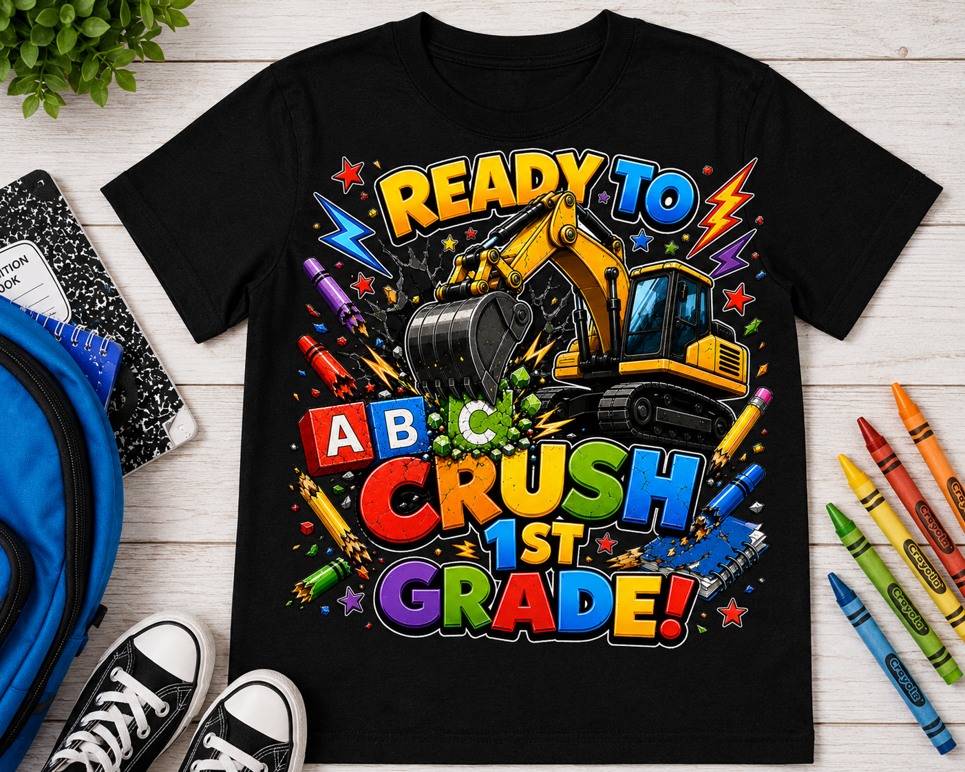 Ready to Crush 1st Grade excavator construction Class of 2038 kids back-to-school tee