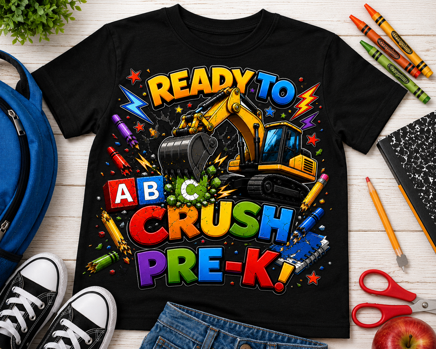 Ready to Crush Pre-K excavator construction first day of preschool kids tee
