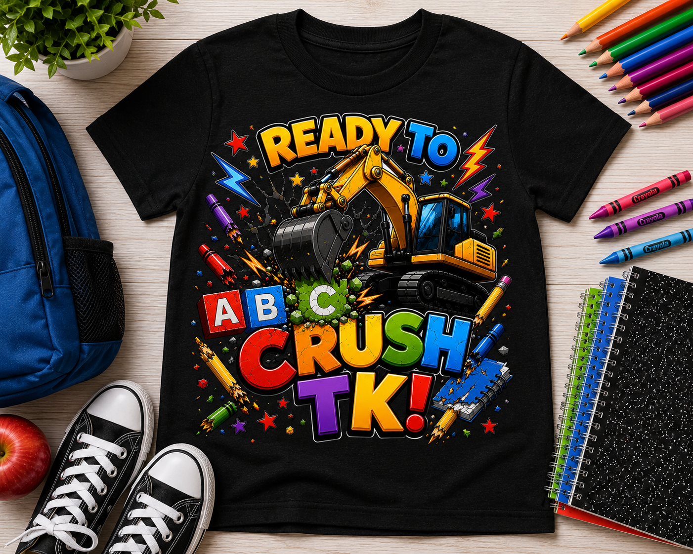 Ready to Crush TK excavator construction first day of transitional kindergarten kids tee