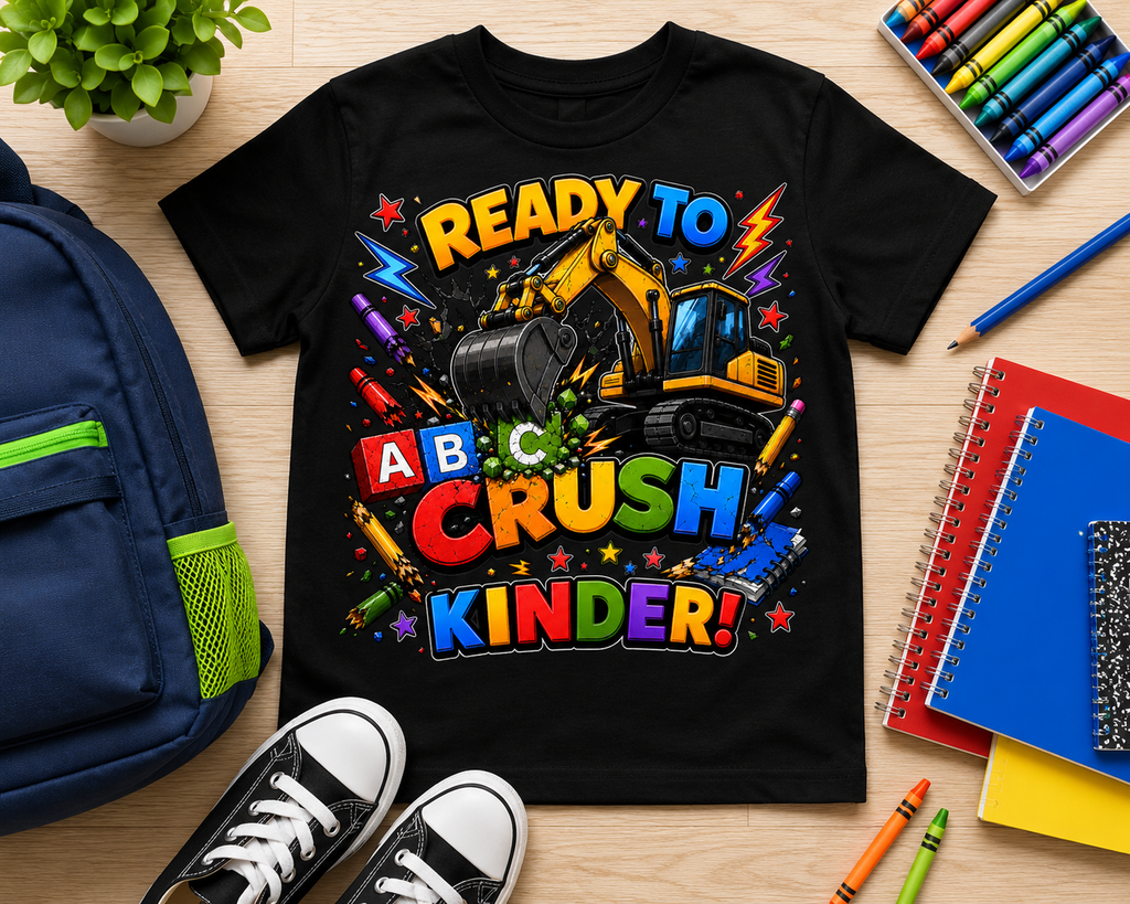 Ready to Crush Kindergarten excavator construction kids back-to-school tee