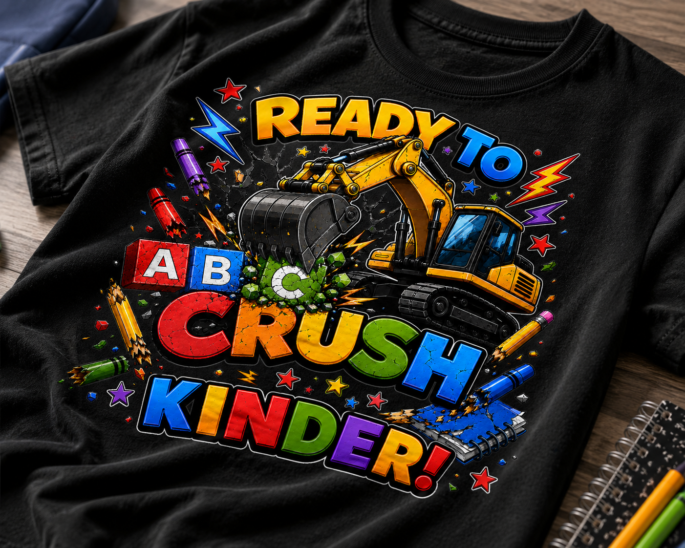 Ready to Crush Kindergarten excavator construction kids back-to-school tee