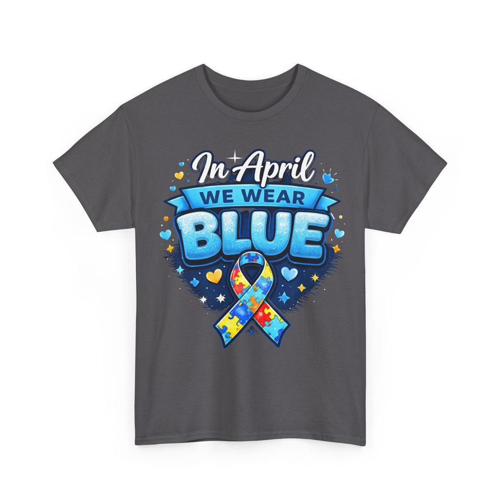 In April We Wear Blue — Autism Awareness Puzzle Ribbon Tee