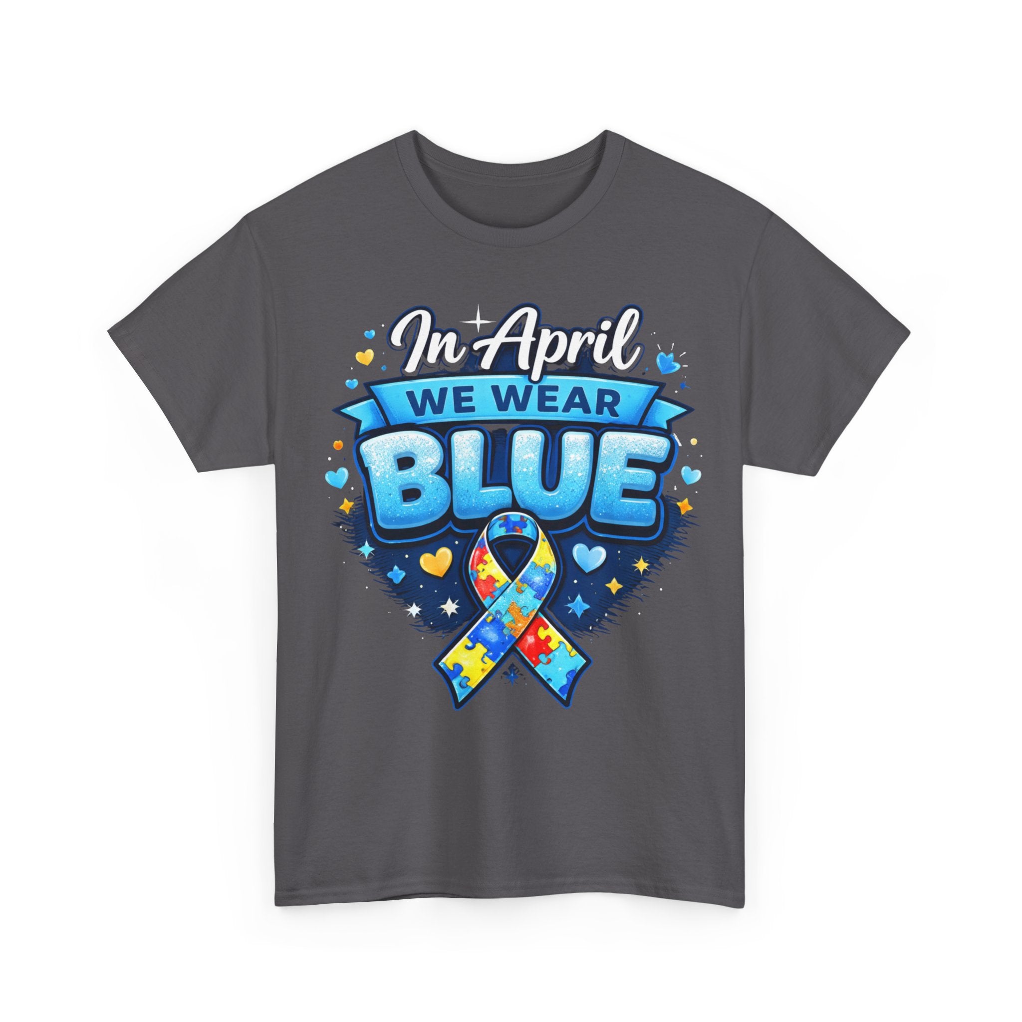 In April We Wear Blue — Autism Awareness Puzzle Ribbon Tee