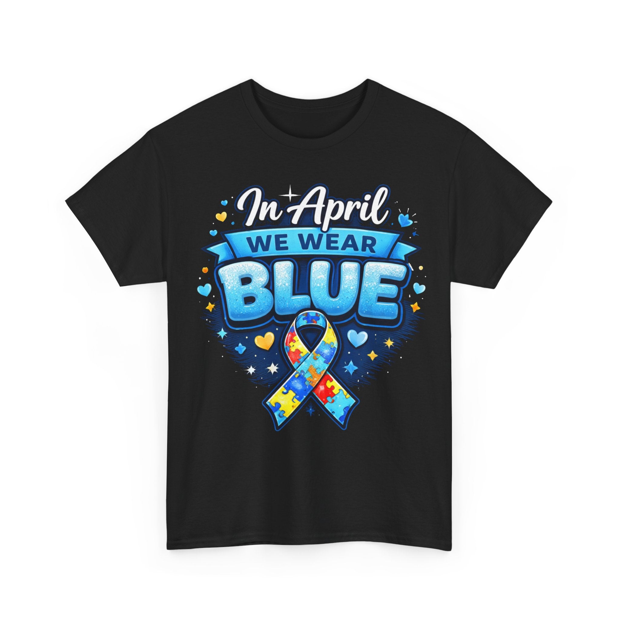 In April We Wear Blue — Autism Awareness Puzzle Ribbon Tee