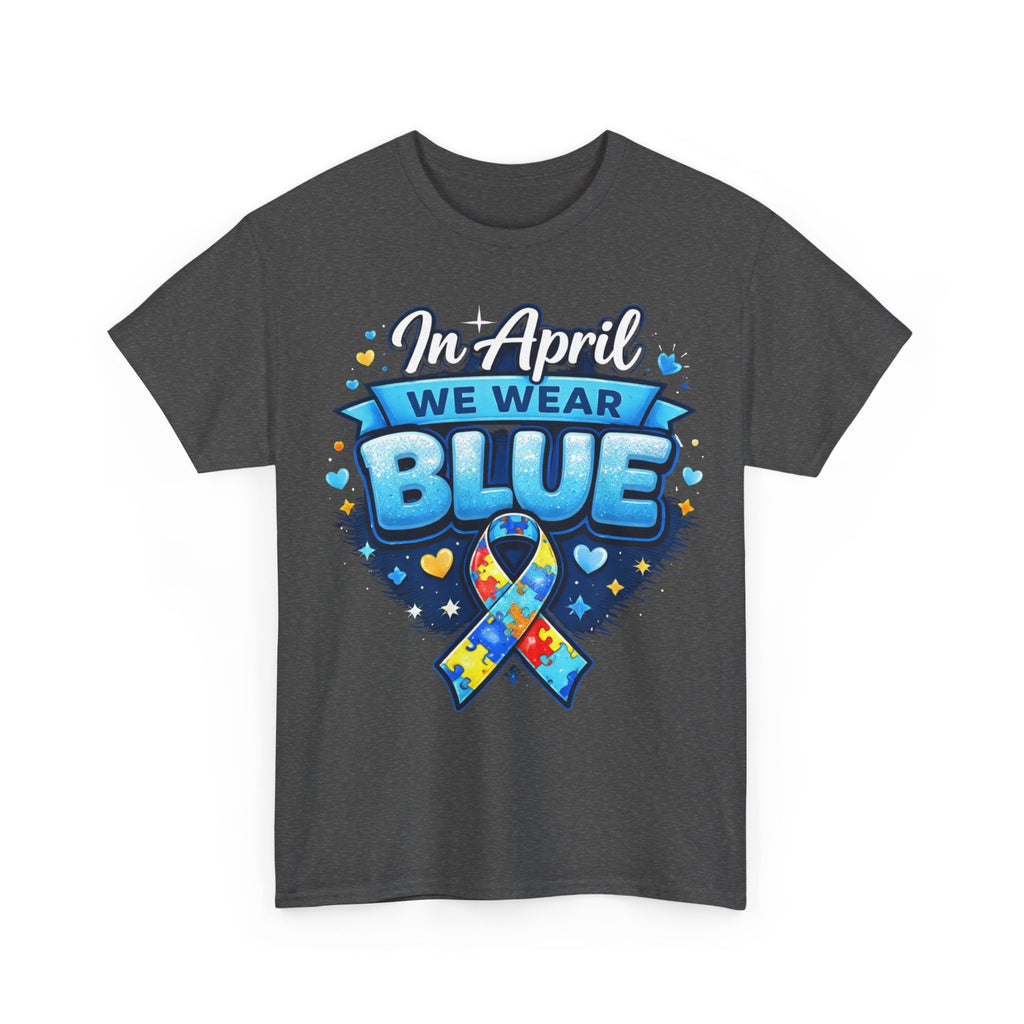 In April We Wear Blue — Autism Awareness Puzzle Ribbon Tee