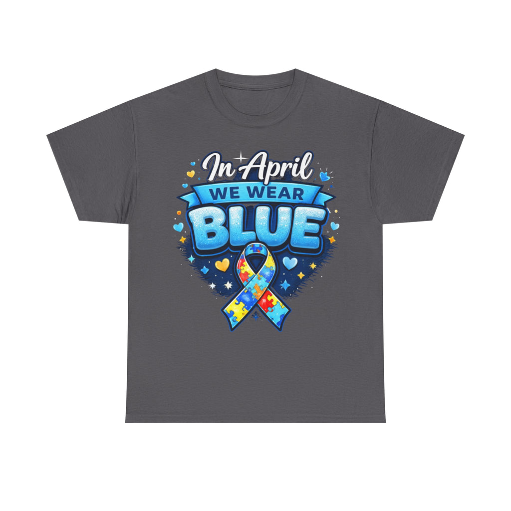 In April We Wear Blue — Autism Awareness Puzzle Ribbon Tee