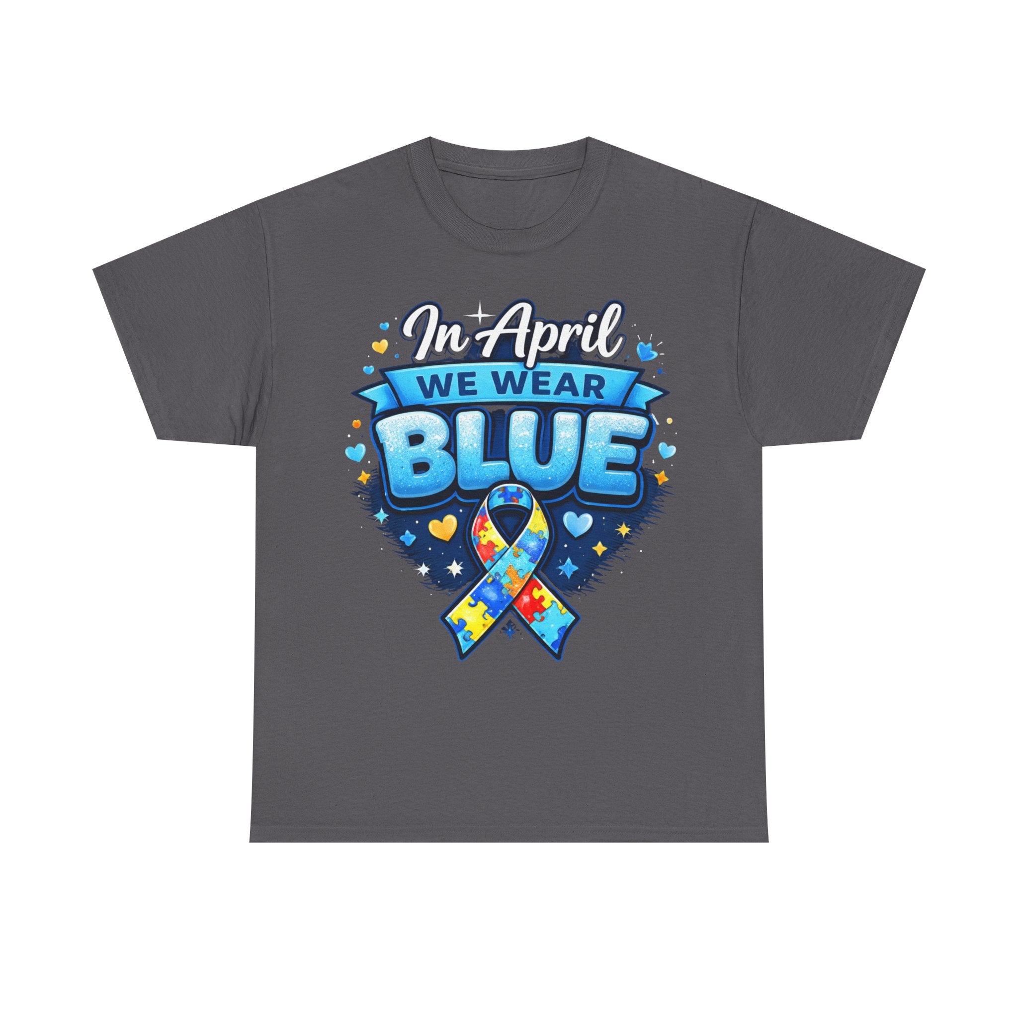 In April We Wear Blue — Autism Awareness Puzzle Ribbon Tee